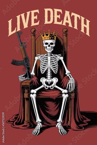 A striking artwork of a skeleton seated on a throne, wearing a crown and holding a firearm, blending themes of royalty and mortality in a captivating manner.