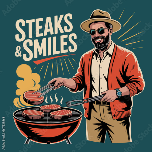 A cheerful man skillfully grilling steaks outdoors, emanating positivity and joy. This image encapsulates the spirit of summer gatherings and sharing delicious food.