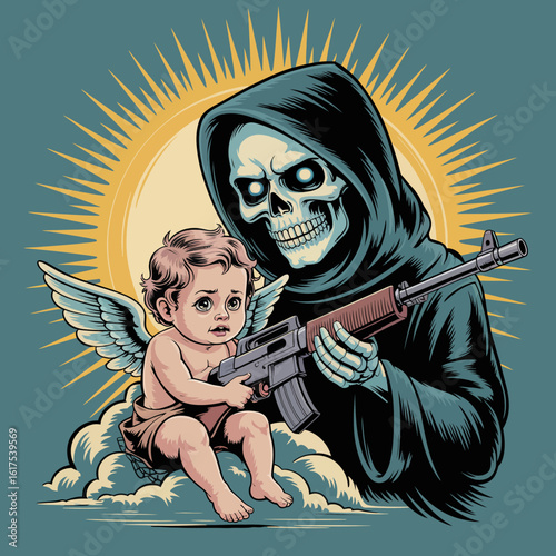 In this surreal artwork, the Grim Reaper cradles a child while holding a gun, creating a powerful image that explores the themes of protection, fear, and the clash between innocence and violence.