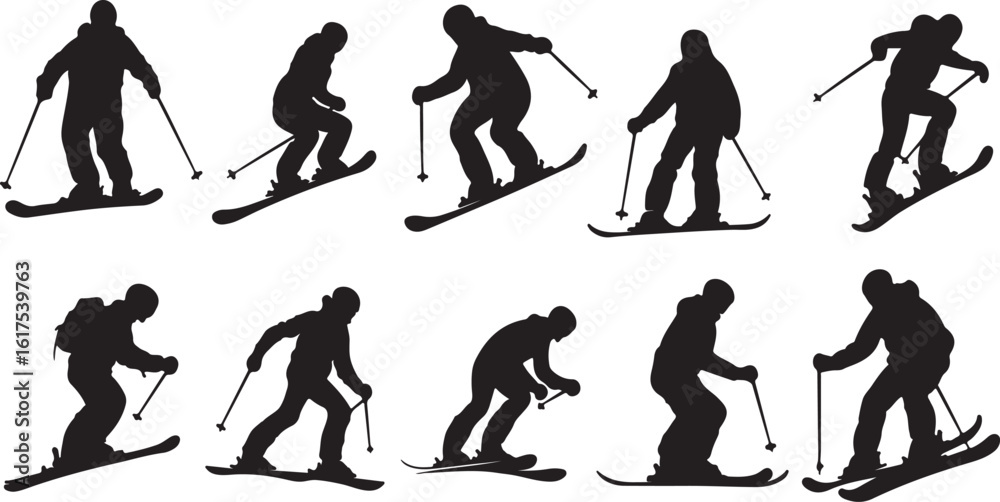 Fototapeta premium Silhouette Skiers in Action: Black and White Winter Sport Vector