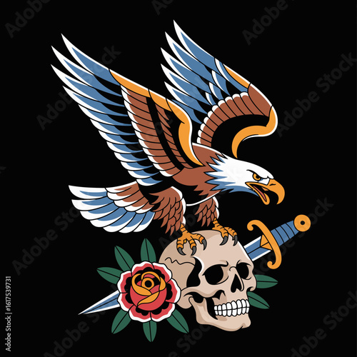 This striking image features an eagle perched on a skull with a sword and a rose, illustrating themes of strength, mortality, and beauty in a powerful design.
