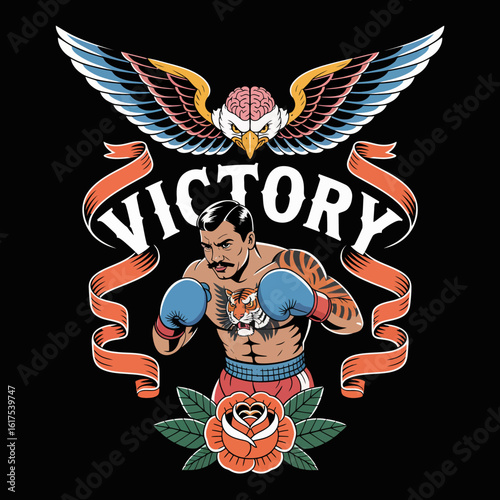 This captivating image shows a boxer with a tiger and eagle, symbolizing bravery, strength, and competitive spirit, highlighted by vibrant colors and artistic flair.