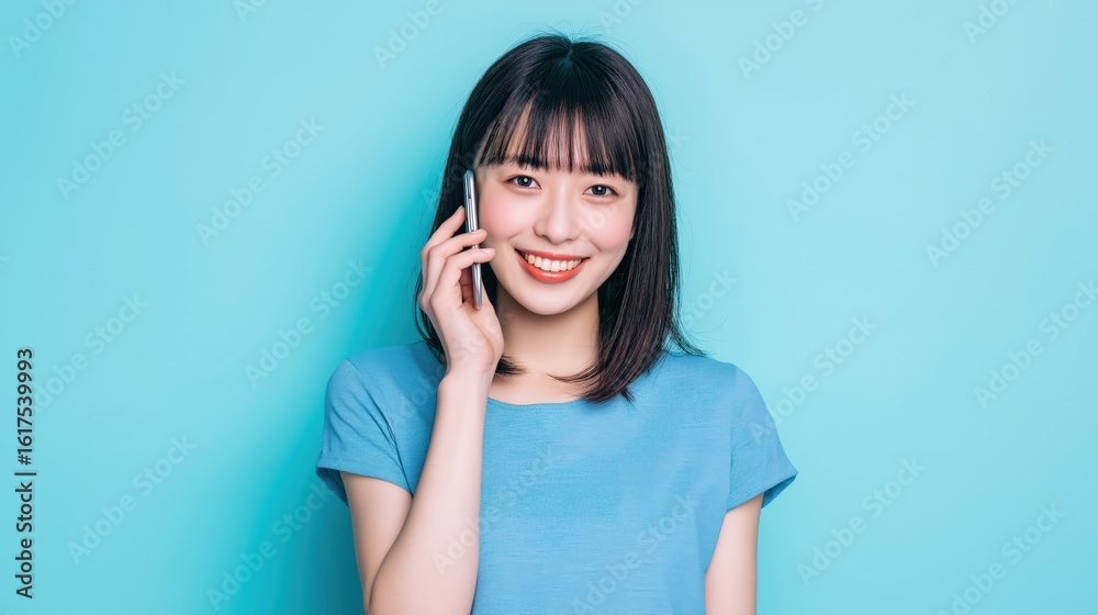 A woman is smiling and talking on her cell phone. She is wearing a blue shirt and has short hair A woman is smiling and talking on her cell phone. She is wearing a blue shirt and has short hair