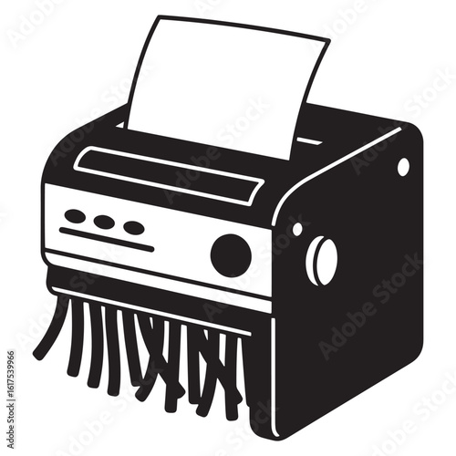 Black and white illustration of a paper shredder processing documents securely.