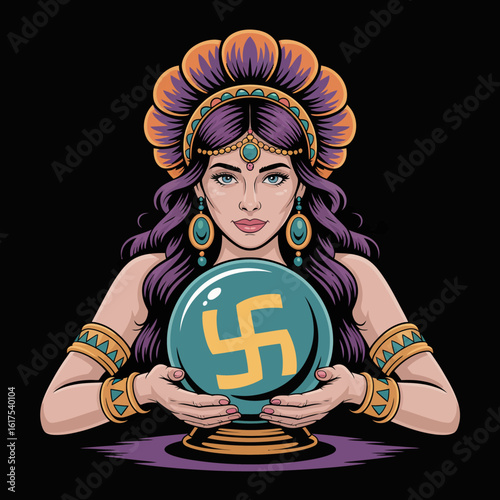 An enchanting illustration of a fortune teller surrounded by vibrant colors, holding a mystic crystal ball, symbolizing wisdom, intuition, and the allure of destiny.