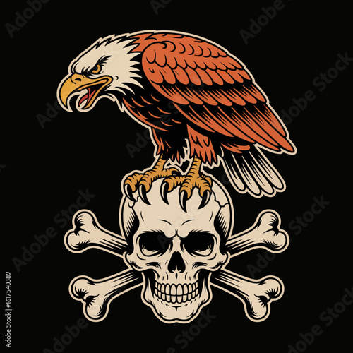 An eagle stands fierce on a skull in this tattoo image, representing the duality of life and death, crafted in a classic artistic styling that captivates.