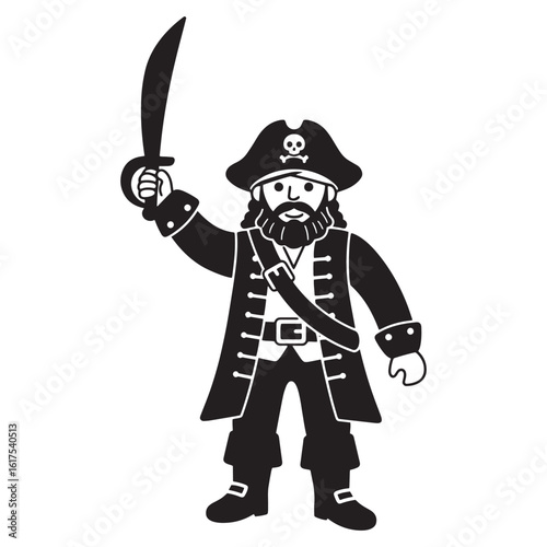 Bold black silhouette illustration of a pirate character raising a sword in triumph