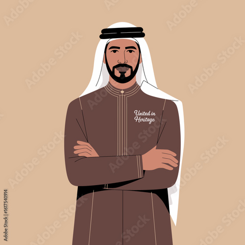 An Emirati man proudly showcases traditional clothing with a modern twist, symbolizing a blend of cultural heritage and contemporary design, reflecting unity and strength.