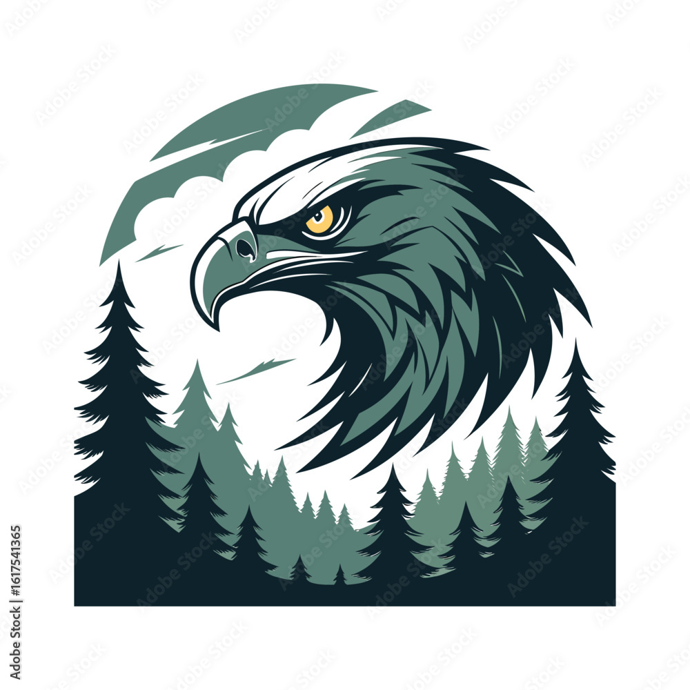 Fototapeta premium Majestic Eagle in Wilderness with Sunset and Pine Trees