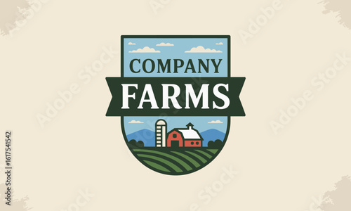 A stylized logo depicting a vibrant red barn surrounded by rolling fields, showcasing the focus on sustainable farming and community connections through visually appealing art.