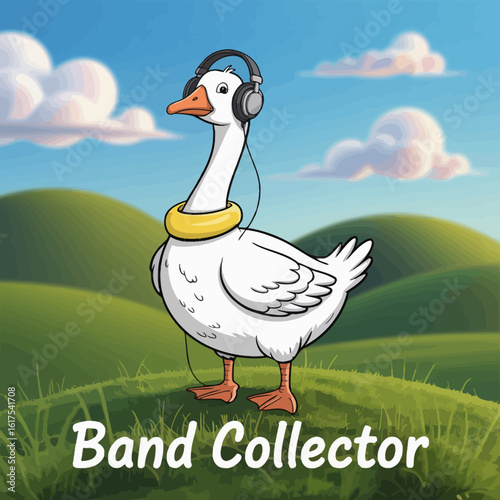 A whimsical illustration of a cheerful goose character wearing headphones and a float, exuding joy and playfulness, ideal for projects that require a light-hearted touch.
