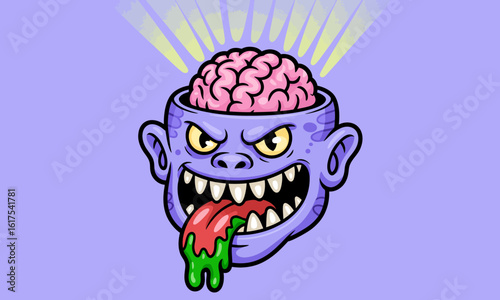 This dynamic illustration presents a ferocious monster with a brain and dripping slime, capturing the perfect blend of whimsy and horror in a vivid expression and artistic style.