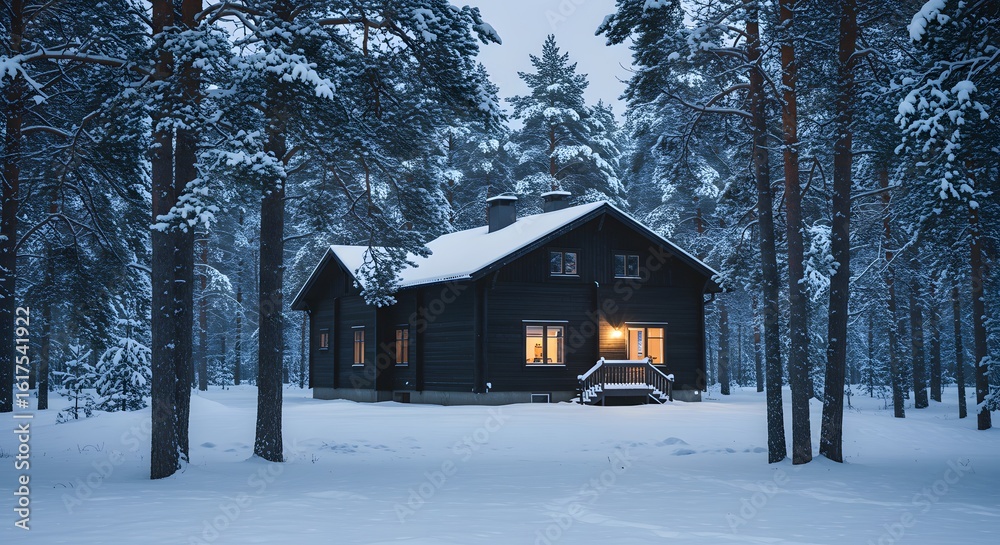 Naklejka premium Cozy Winter Cabin in Snowy Forest at Dusk