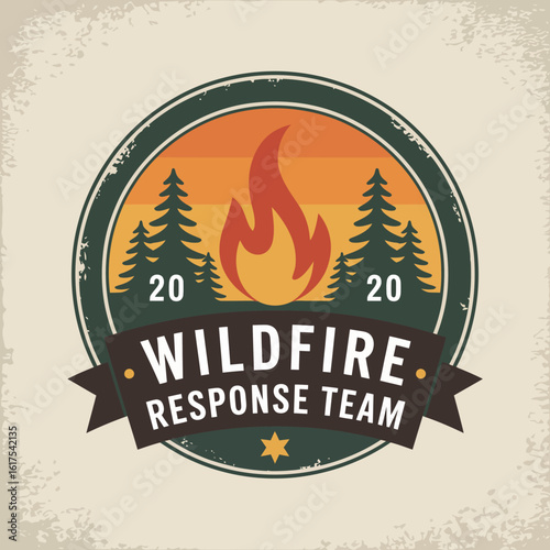 Showcasing flames and a forest silhouette, this vintage-style emblem highlights the Wildfire Response Team's bravery and resilience during critical fire emergencies in 2020.