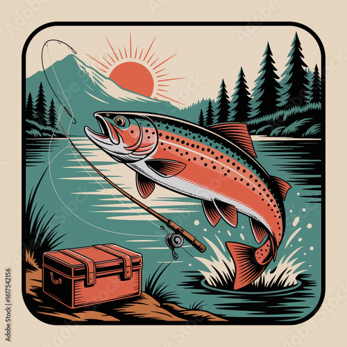 An enchanting depiction of a trout leaping from a river while a fisherman observes, highlighting the thrill of fishing and the beauty of the natural world around.