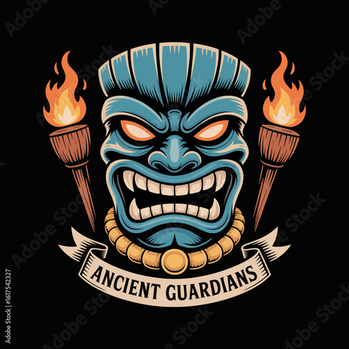 This image showcases a bold ancient guardian mask with a fierce expression and flames, illustrating the powerful essence of cultural symbols in a striking artistic style.