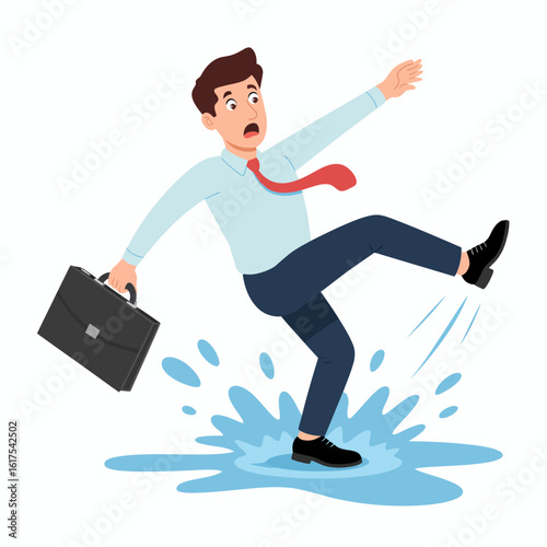 A surprised businessman caught mid-slip over a puddle, reflecting the unexpected hazards and risks in the journey of professional life.