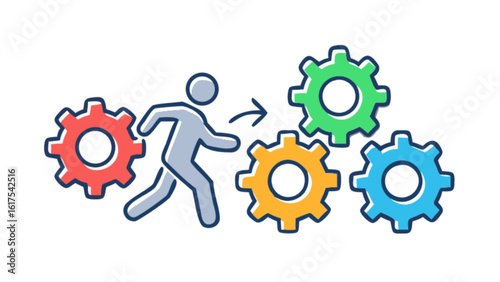 Workflow process automation with gears and human figure for business efficiency and optimization concept