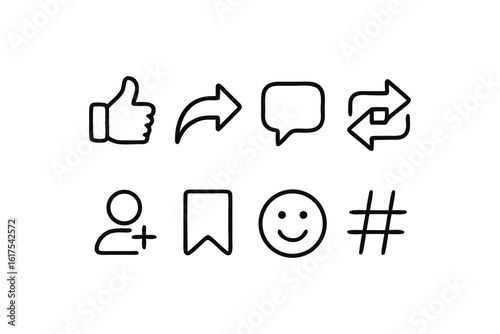 Collection of Social Media Icons Representing Key Functions and Actions Commonly Used on Social Platforms Applications Interface
