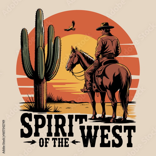 A lone cowboy riding a horse stands against a vibrant sunset, showcasing the essence of the western spirit with desert cacti and a soaring eagle in the background.