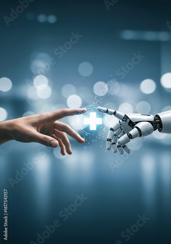global business concept, Human, robot hands connect, AI integration in healthcare. Collaboration revolutionizes medical diagnosis, patient treatment, hospital operations. Advanced technology enhances 