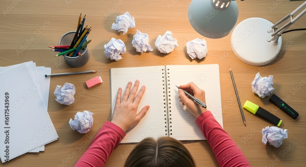 Fototapeta premium Creative writing process concept for writers block with crumpled paper and notepad on wooden desk top view