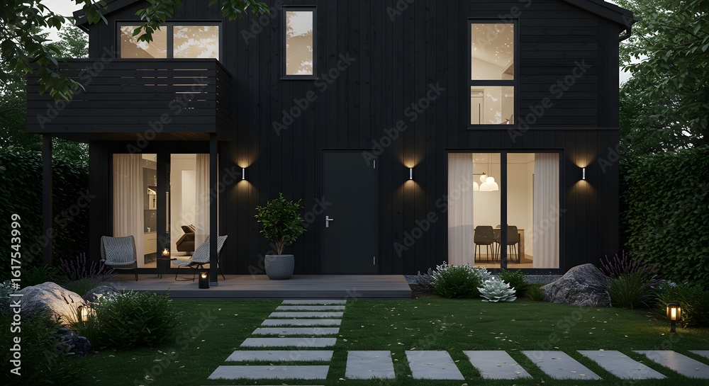 Fototapeta premium Modern Black House Exterior at Dusk, Architectural Render