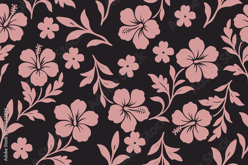 Seamless hibiscus floral pattern in soft pink on black background. Elegant tropical design perfect for fabric, fashion, wallpaper, and stylish decoration.