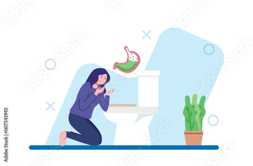 Anxious Woman Kneeling Near Toilet with Upset Stomach Illustration