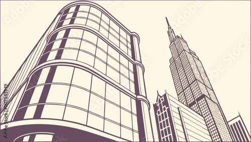Architectural cityscape drawing of modern office buildings and skyscrapers in urban city landscape view