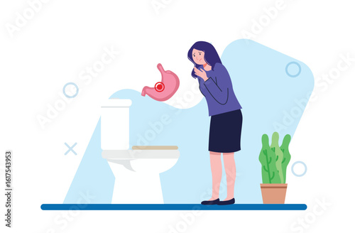 Nauseous Young Woman Feeling Sick by Toilet in Bathroom
