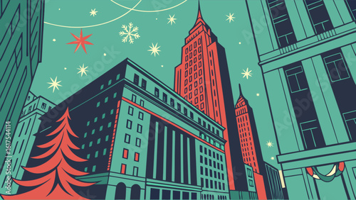 A festive christmas scene in a stylized vintage new york city with snow falling on the buildings