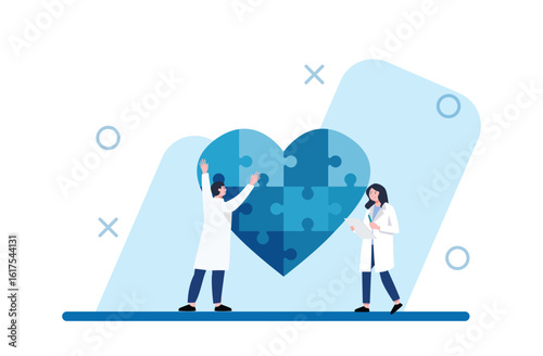 Medical Team Completing Heart Puzzle in Clean, Modern Style