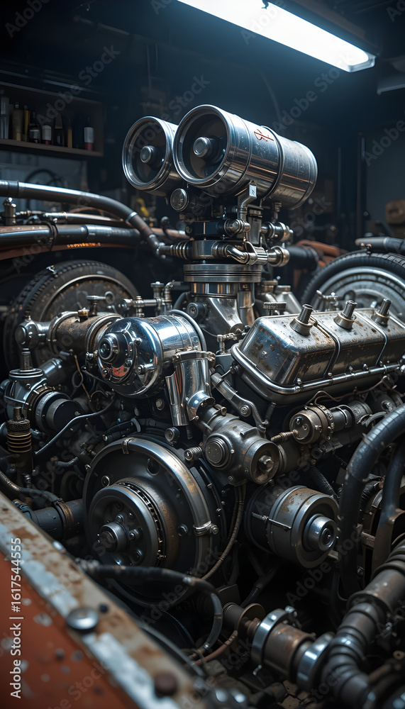 Obraz premium Partial view of chrome V8 engine with worn and greasy components in dim garage lighting