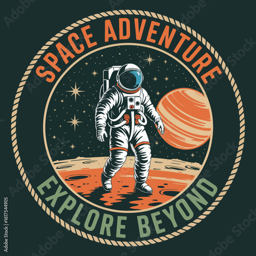 This illustration captures an astronaut on a lunar surface, exploring a cosmic scene with vibrant colors and a majestic planet, portraying the human drive for adventure in space.
