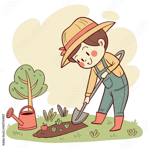 A cute cartoon illustration of a boy gardening, planting a tree, and tending to his harvest