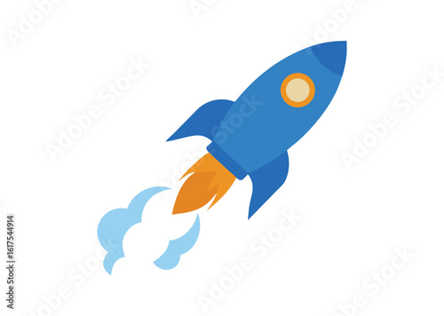 Blue and orange rocket launching with smoke trails vector illustration