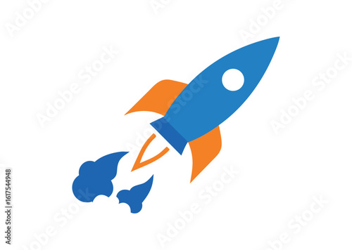 Blue and orange rocket launching with smoke trails vector illustration