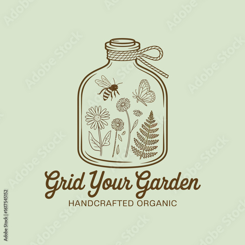 A beautifully illustrated bottle filled with garden flowers and insects, promoting a handcrafted organic theme suitable for eco-friendly and plant enthusiasts.