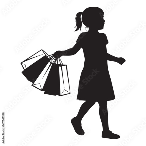 Silhouette of a young girl carrying shopping bags against a plain white background