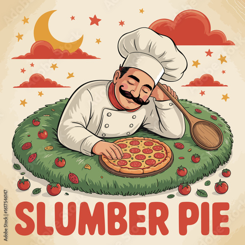 This charming illustration captures a relaxed chef resting on the grass while holding a delicious pizza, reflecting the carefree joy of cooking and culinary dreams.