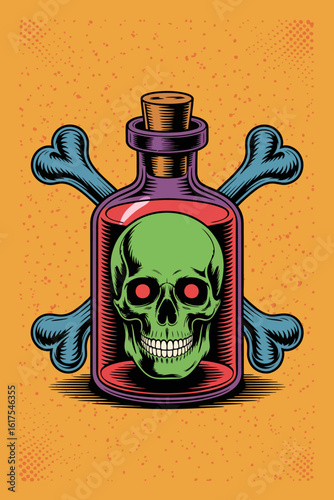 Featuring a neon green skull encased in a poison bottle with crossbones, this image blends eeriness with vibrancy, highlighting themes of danger and allure.