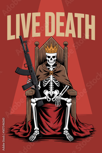 This eye-catching illustration depicts a formidable skeleton king wearing a crown and holding an assault rifle, sitting regally on his throne, exuding a mix of power and irony.