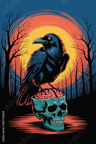 This artwork features a raven perched on a glowing skull, surrounded by a moody landscape, symbolizing death, mystery, and the allure of the unknown.