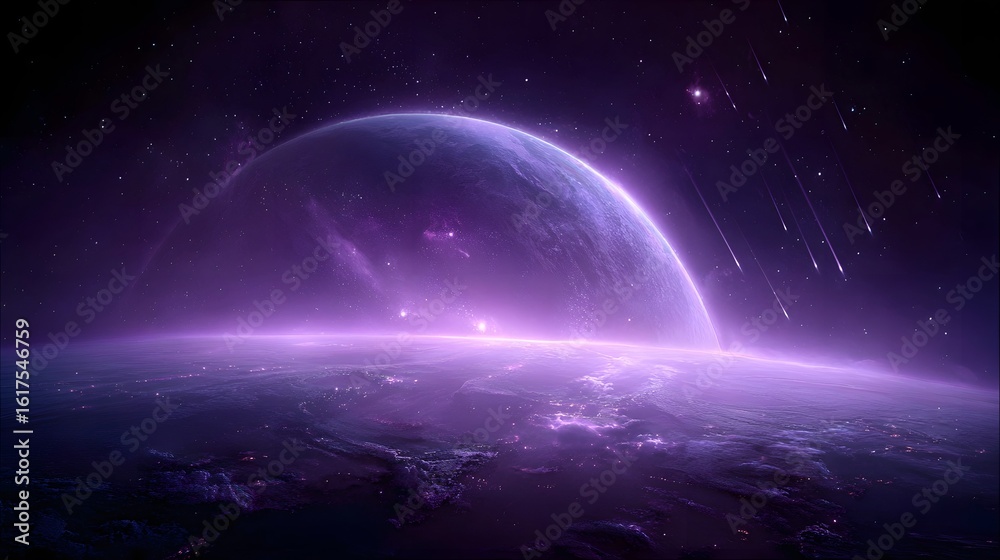 Obraz premium Purple planet with shooting stars above.