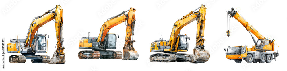 Obraz premium Watercolor Construction Equipment: Excavators and Crane