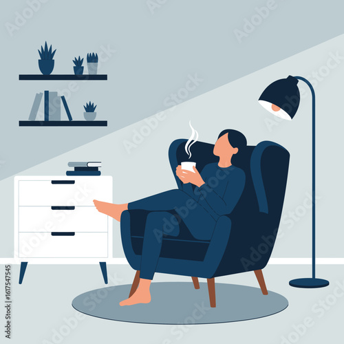 An inviting image of a woman lounging comfortably in an armchair, sipping tea, encapsulating a moment of peace and self-care amidst a stylish home environment.