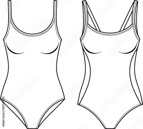Women's classic scoop neck one-piece swimsuit flat sketch illustration, with slim adjustable straps, elegant swimwear design template, perfect for beach and summer fashion.