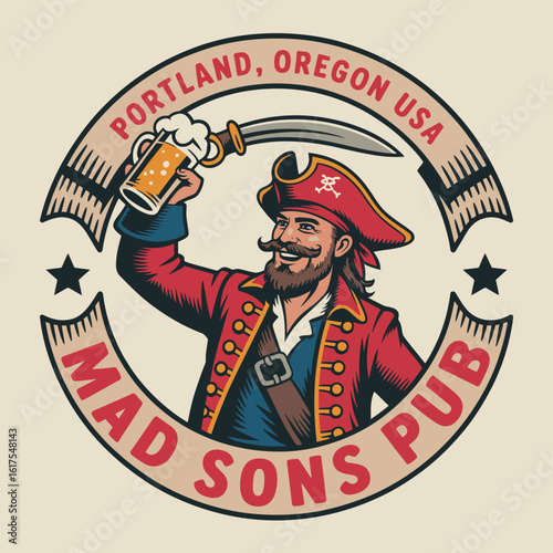 An engaging logo featuring a joyful pirate holding a beer, set against a classic design backdrop that reflects the adventurous spirit of outdoor pubs in Portland.