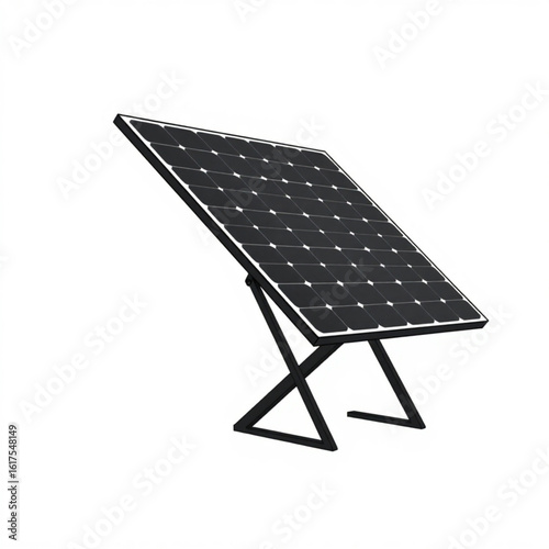A single solar panel with a black frame and cells is angled on a black stand against white backdrop created with generated ai